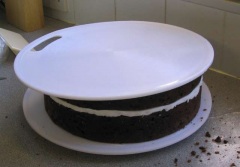 Board on top to turn cake over